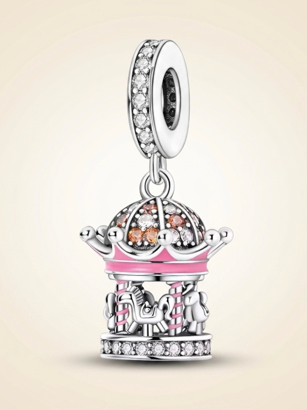 S925 Silver Carousel Charm Pink Enamel CZ Dangle Pandora Fit Birthday Gift